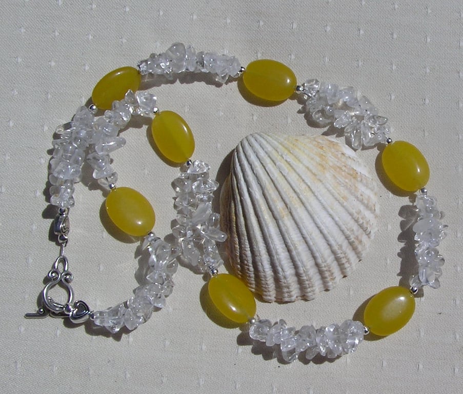 Clear Quartz & Yellow Jade Crystal Gemstone Chunky Statement Necklace "Daisy"