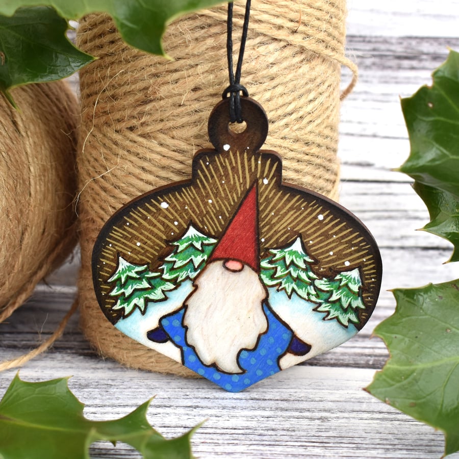 Winter gnome hanging bauble. Pyrography personalised tomte decoration.