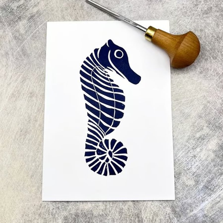 Seahorse Lino Print on an Eco Friendly Greetings Card - White