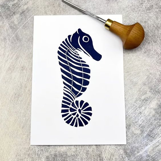Seahorse Lino Print on an Eco Friendly Greetings Card - White