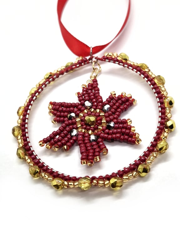Small red and gold poinsettia star hanging christmas decor