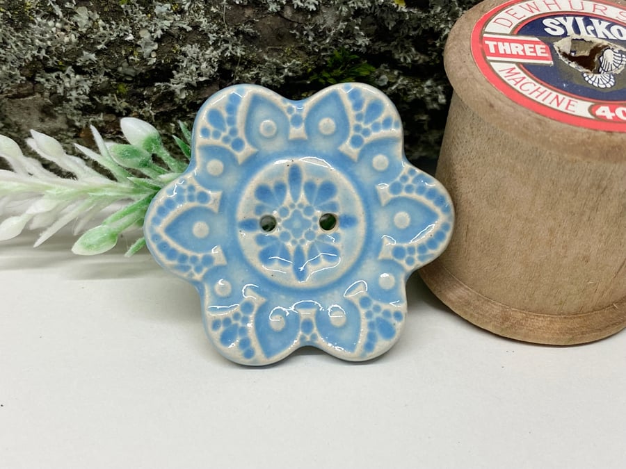 Large ceramic flower shaped button baby blue