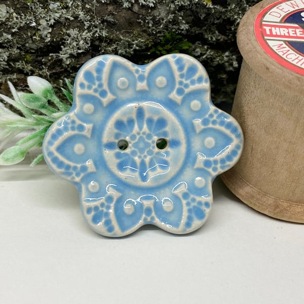 Large ceramic flower shaped button baby blue