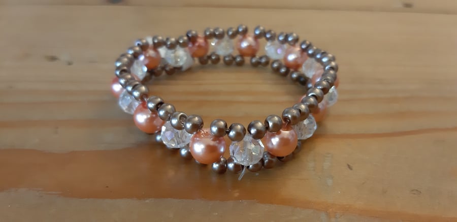 Three Layer Woven Beaded Elastic Bracelet - Brown and Coral coloured Beads