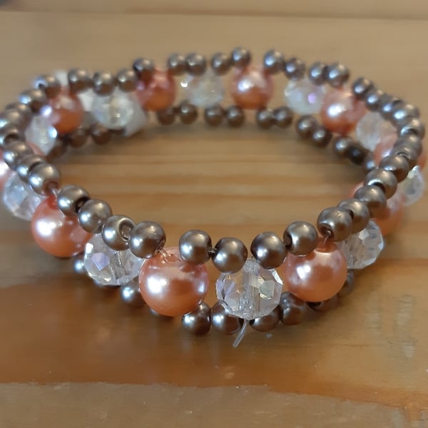 Three Layer Woven Beaded Elastic Bracelet - Brown and Coral coloured Beads