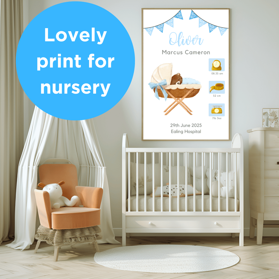 Teddy bear nursery wall art print with babys name and birth details, blue, boy