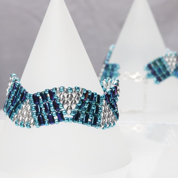 Wavy Blue, Turquoise and Silver Cuff Bracelet