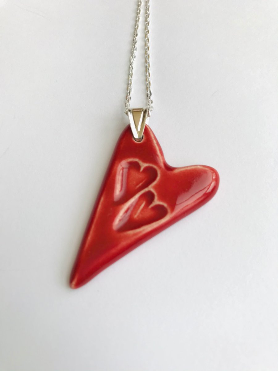 Red ceramic heart necklace - Sterling Silver