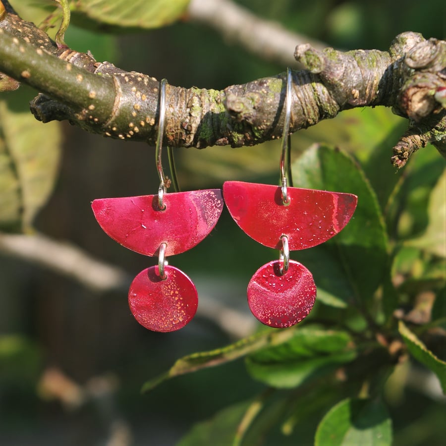 Red Copper Half Moon and Circle Dangle Earrings 