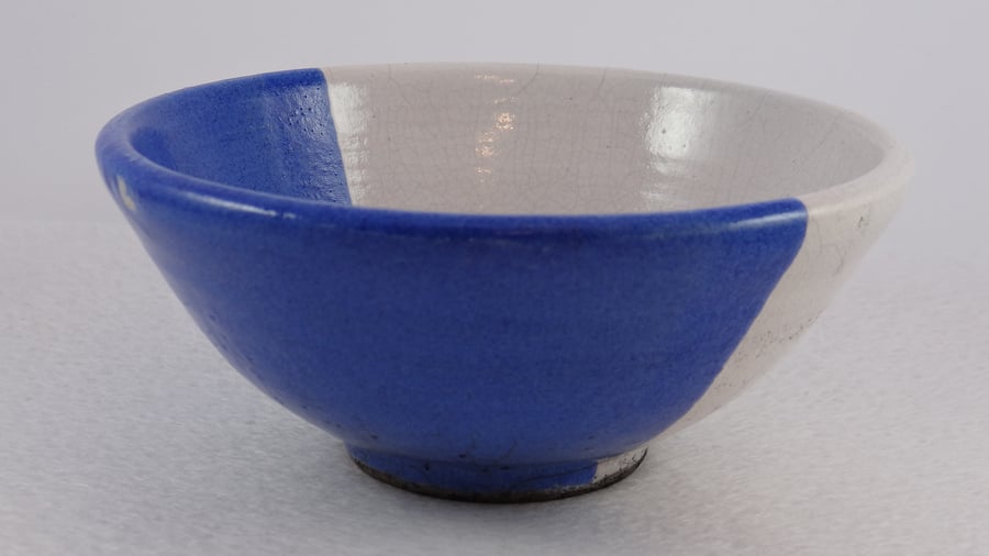 Blue and white Raku bowl - handmade pottery