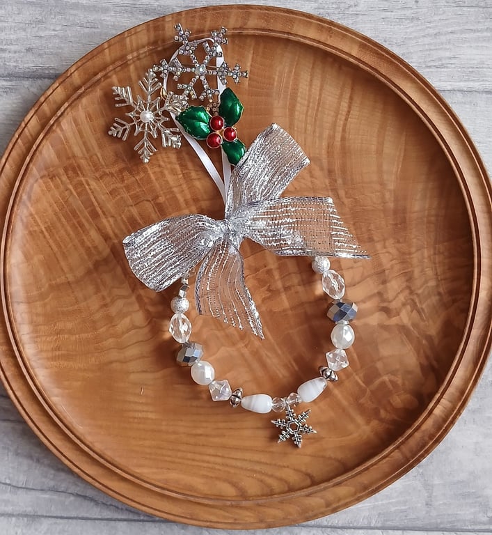Beaded Ring Christmas Decorations - Ice, Silver & White