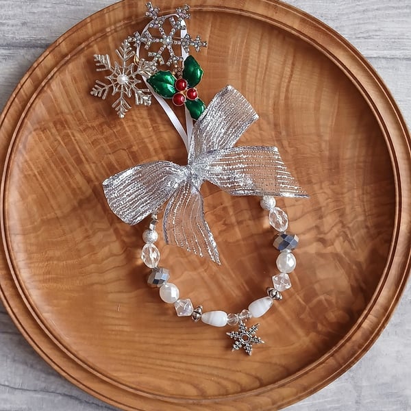Beaded Ring Christmas Decorations - Ice, Silver & White