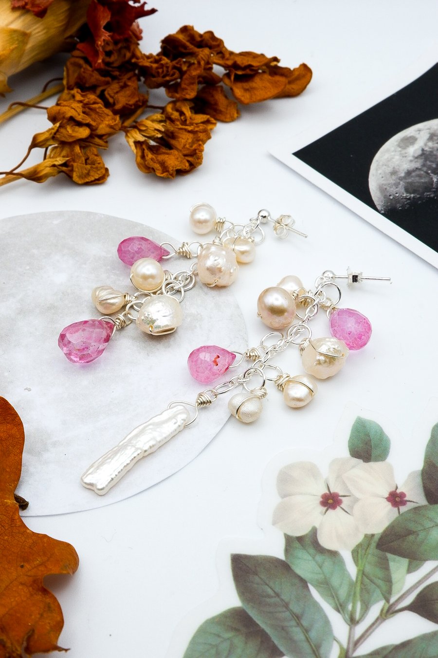 Sterling Silver Freshwater Baroque Pearl Pink Sapphire Gemstone Earrings 