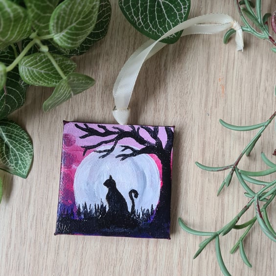 Halloween black cat mini original art hanging decoration home decor
