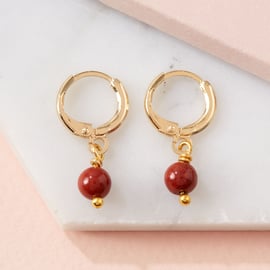 Small gold sleeper earrings - Huggie hoop earrings with Jasper stone pendants