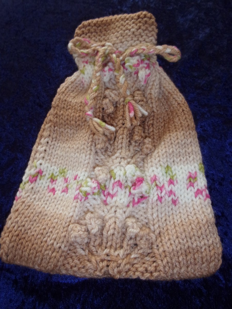 Hand Knitted Beige Blossom Chunky Hot Water Bottle Cover