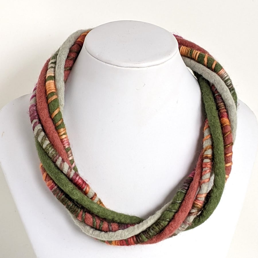 The Wrapped Twist: felted cord necklace in damask, pink and green
