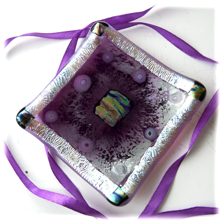 Fused Glass Trinket Dish 9cm Plum Silver Dichroic  handmade Gift 049