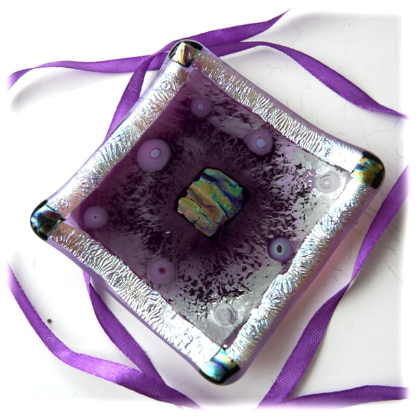Fused Glass Trinket Dish 9cm Plum Silver Dichroic  handmade Gift 049