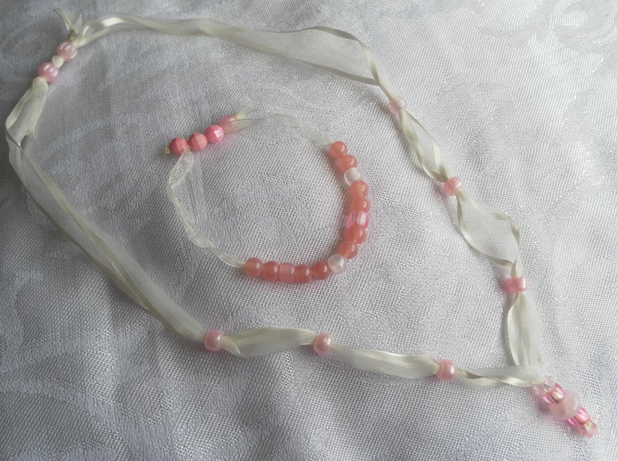 Shades of Pink Beads on Ribbon, Necklace and Bracelet Set, Prom, Wedding
