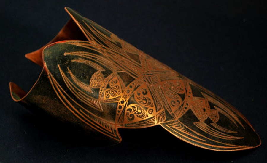 medieval etched cuff - copper elven cuff - armour cuff - futurisic