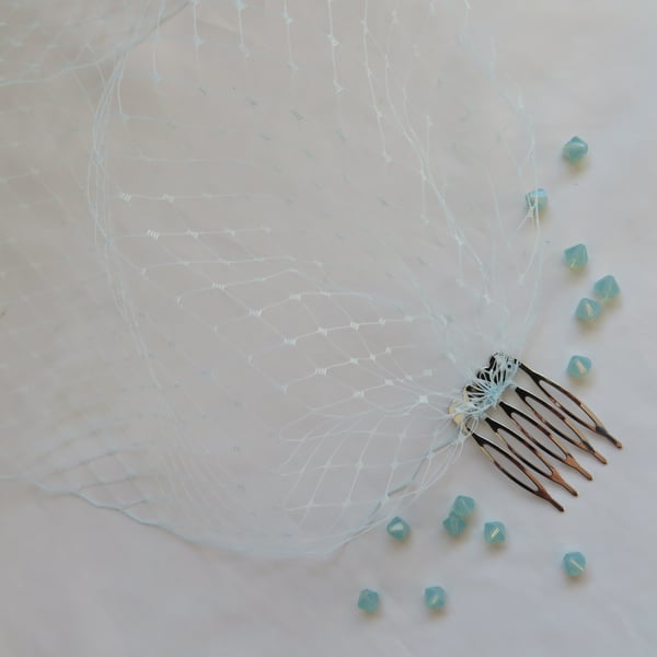 Pale Aqua Aquamarine Blue Vintage Classic Style Bandeau Bridal Wedding Veil 