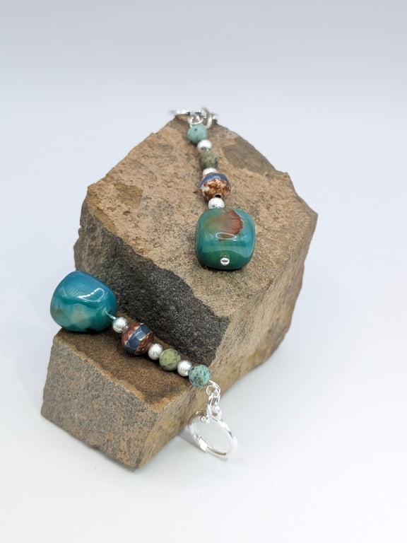 Artisan Teal Agate Dizi Agate & African Turqoise Earth  Drop Earrings 