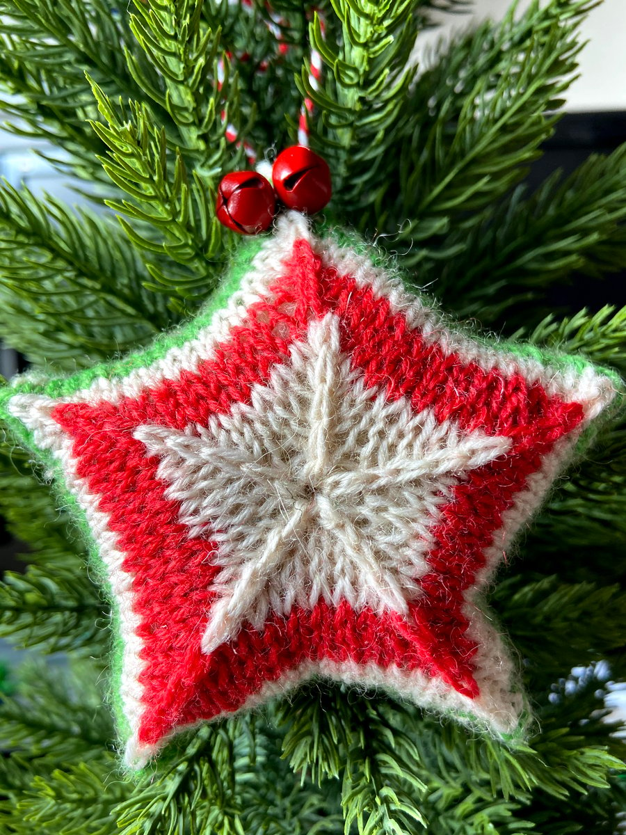 Hand knitted star - Christmas Decorations - Red, Green and White