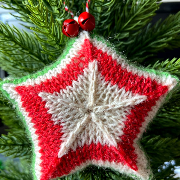 Hand knitted star - Christmas Decorations - Red, Green and White