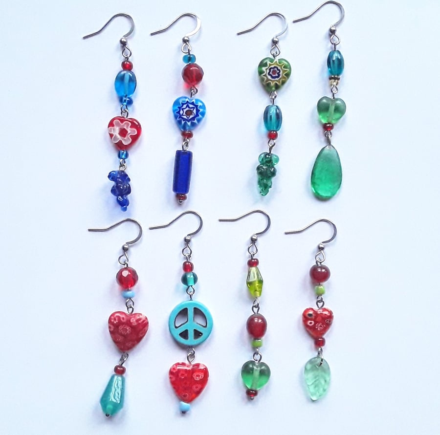 Asymmetrical Dangly Glass Bead & Heart Earrings: Multicoloured 