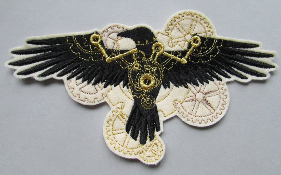 Steampunk Raven Embroidered Sew on Applique Patch