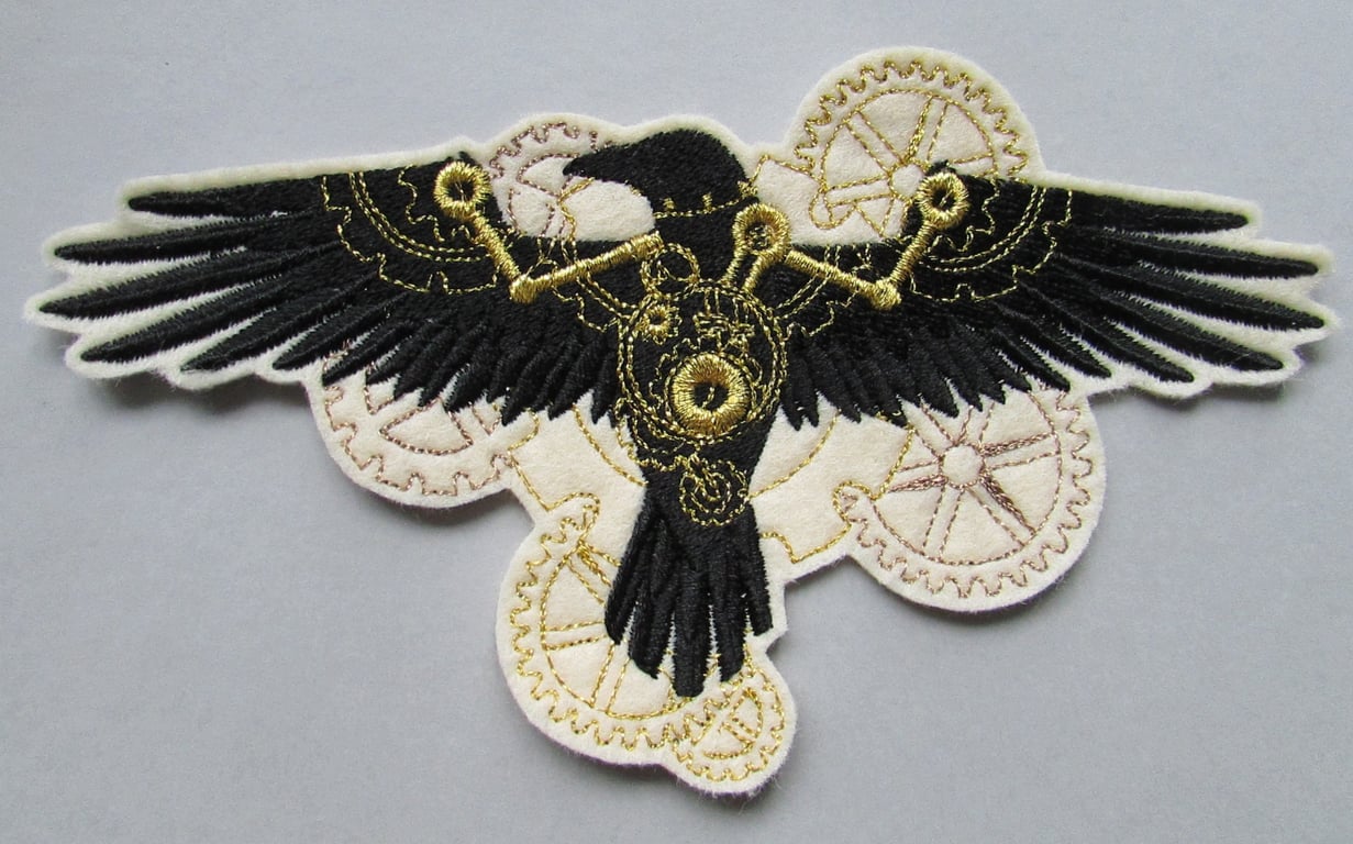 Steampunk Raven Embroidered Sew on Applique Patch