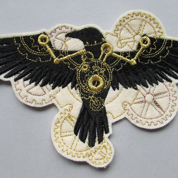 Steampunk Raven Embroidered Sew on Applique Patch