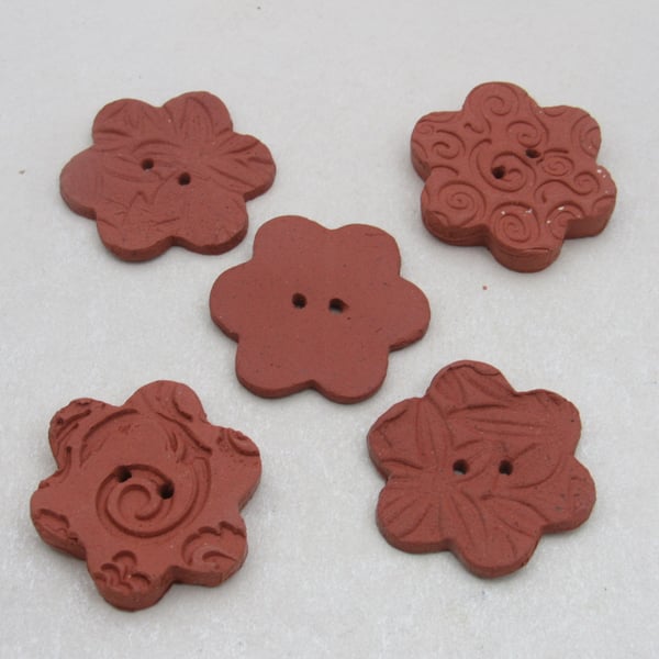 5 Mixed Terracotta Ceramic Flower Buttons