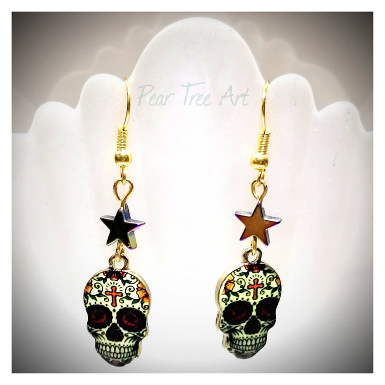  White Sugar Skull Earrings with Red cross and Star Beads