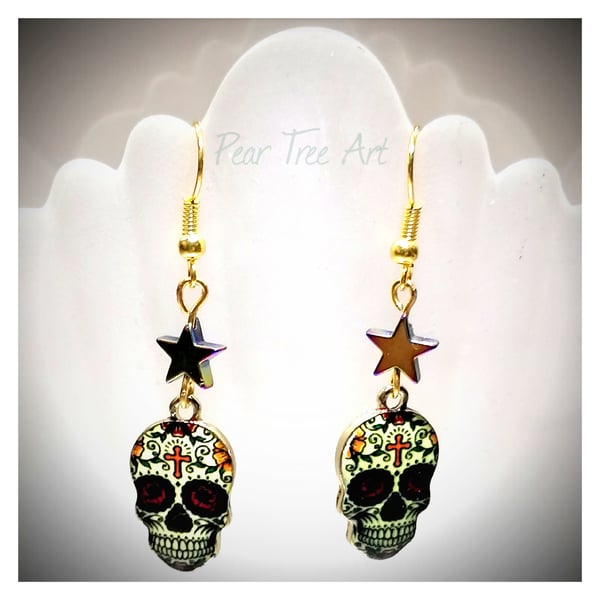  White Sugar Skull Earrings with Red cross and Star Beads