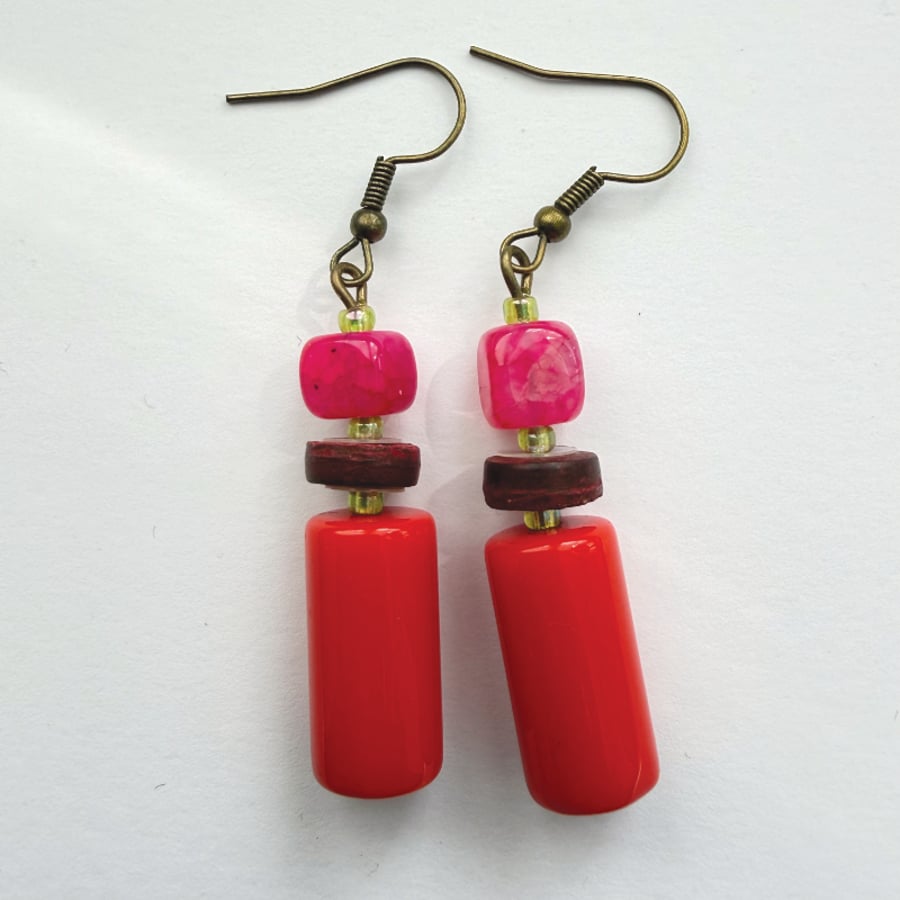 Red Cerise Pink and Brown Drop Earrings