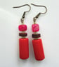 Red Cerise Pink and Brown Drop Earrings - Image 1
