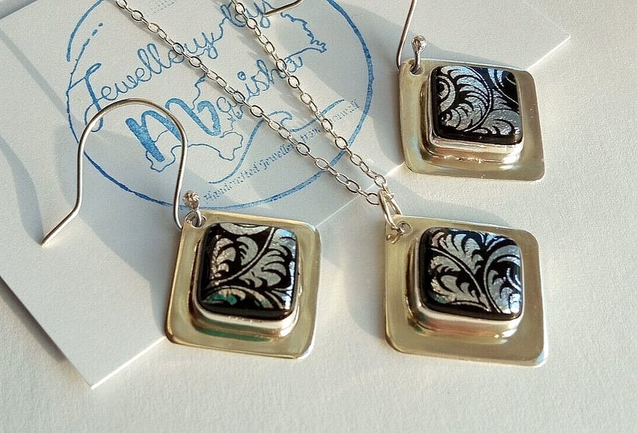 Dichroic Glass Jewellery Set Fine Silver & Recycled Silver Black & Silver Leaf