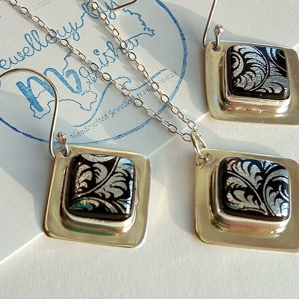 Dichroic Glass Jewellery Set Fine Silver & Recycled Silver Black & Silver Leaf