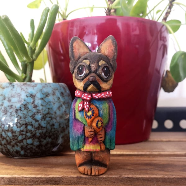 Hand carved, painted and finished wooden Mexican Chihuahua Diego - One of a kind