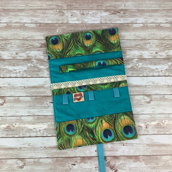 Peacock Feathers Jewellery roll, Jewellery wrap, Travel organiser, Handmade