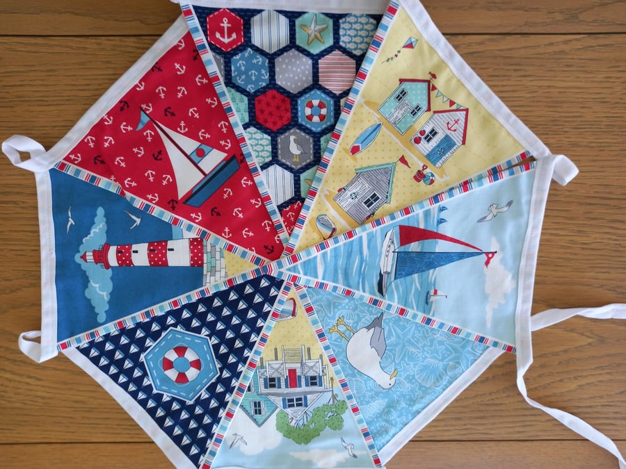 Nautical  Double Sided Bunting with lighthouse and beach hut flags