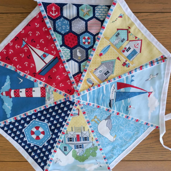Nautical  Double Sided Bunting with lighthouse and beach hut flags