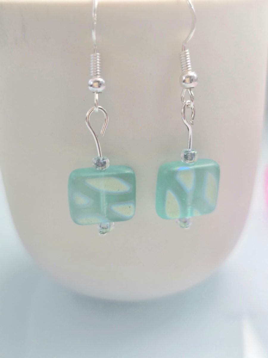 Green peacock Czech glass earrings