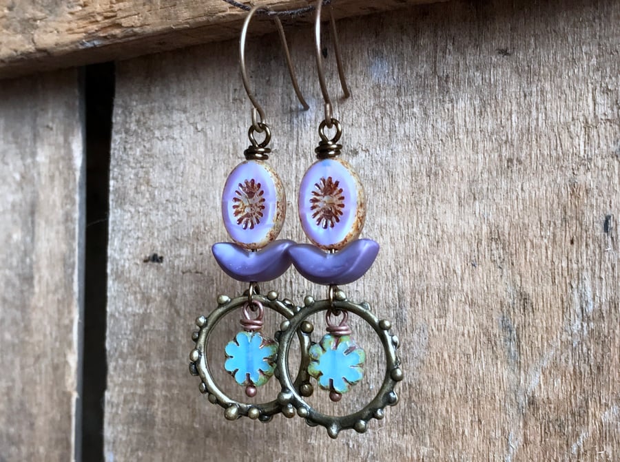Colourful Lilac & Aqua Glass Bead Earrings - Bohemian Style Dangle Earrings