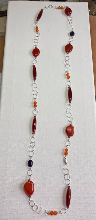 Extra long Carnelian & Sterling Silver chain necklace