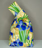 Handmade Japanese Knot Bag - Blue Iris Floral Pattern With Gold Satin  - Image 6