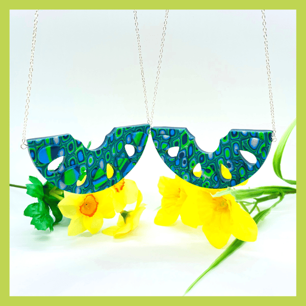 Tropical Dream Art Deco Style Blue & Green Millefiori Polymer Clay Pendant 