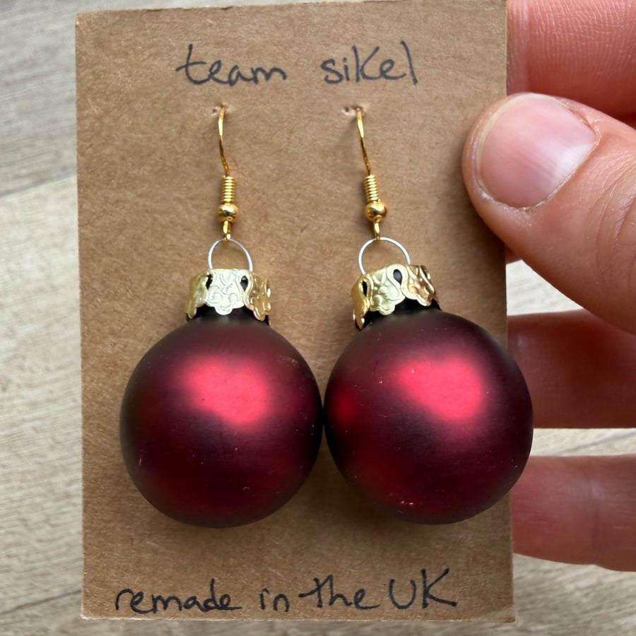 Frosted Dark Red Glass Bauble Earrings - Upcycled from Secondhand Finds